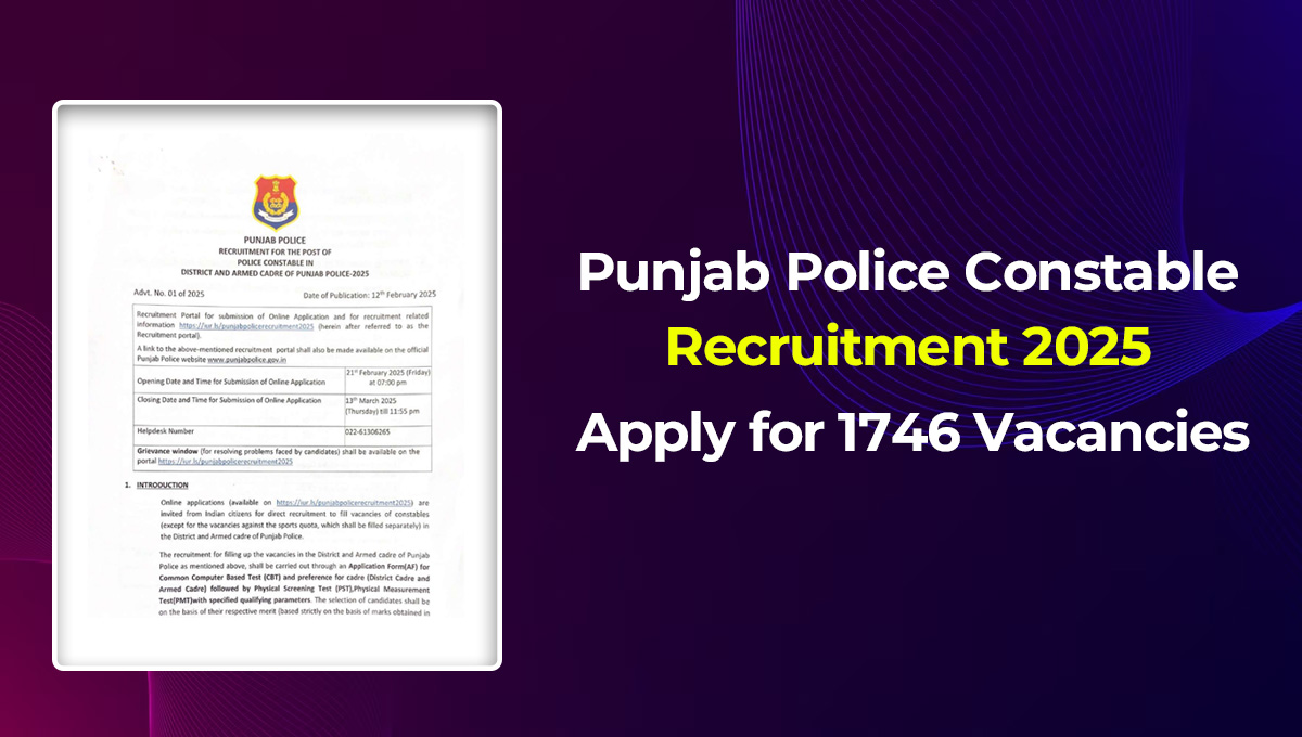 Punjab Police Constable Recruitment 2025 Notification Out