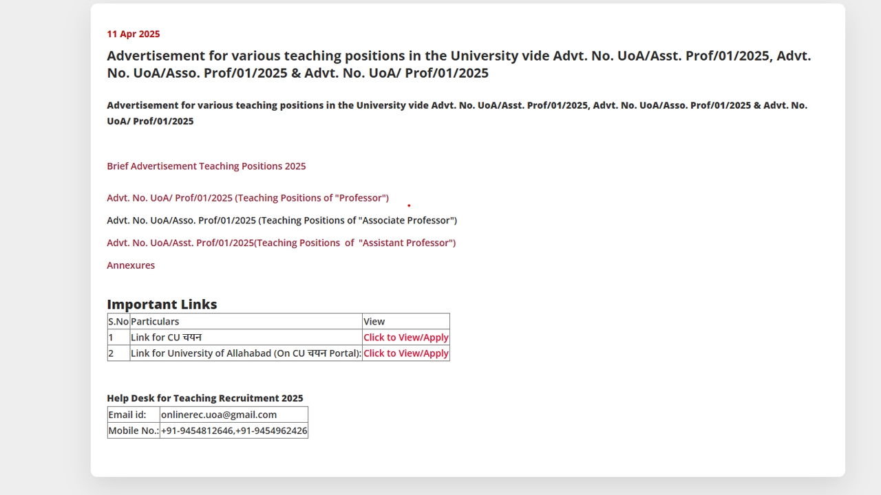 Allahabad University Teaching Recruitment 2025