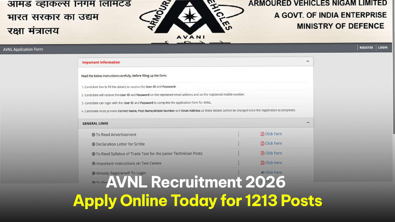 AVNL Recruitment 2026 online application portal displayed on a screen