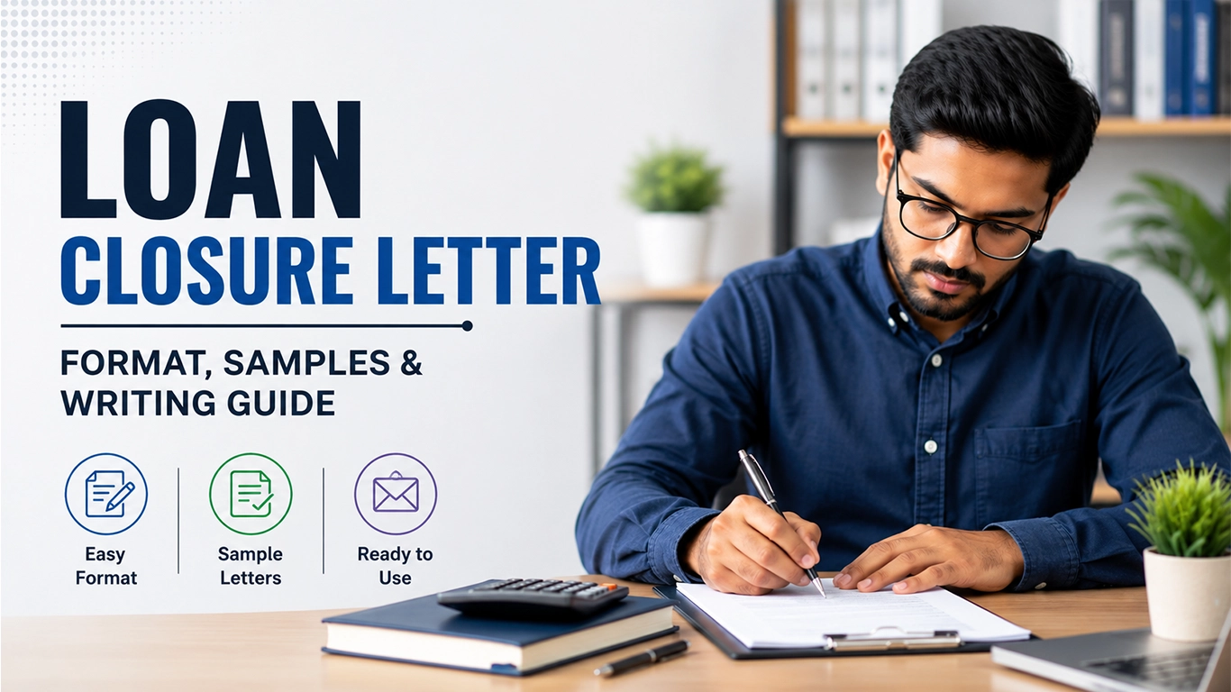 A person signing a formal loan closure letter placed next to official banking documents and payment receipts.