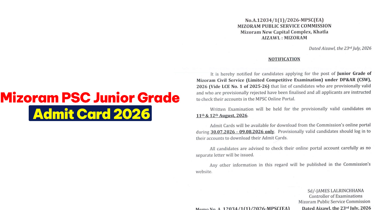 Official portal view of the Mizoram PSC Junior Grade Admit Card 2026 download page.