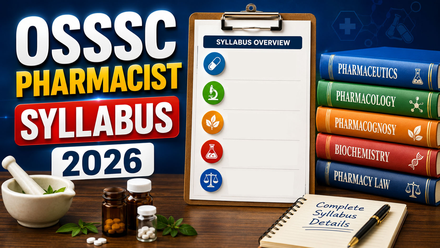 Table overview of the OSSSC Pharmacist Syllabus 2026 and written exam pattern