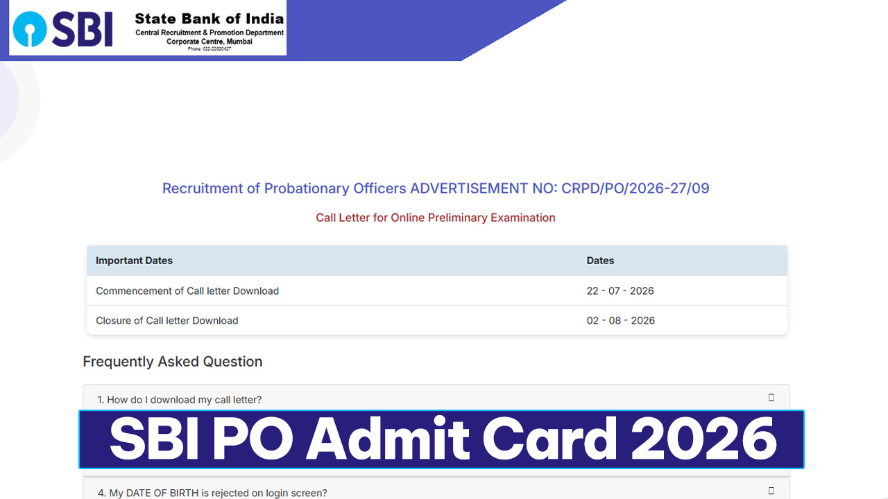 SBI PO Admit Card 2026 download portal on the official State Bank of India website.