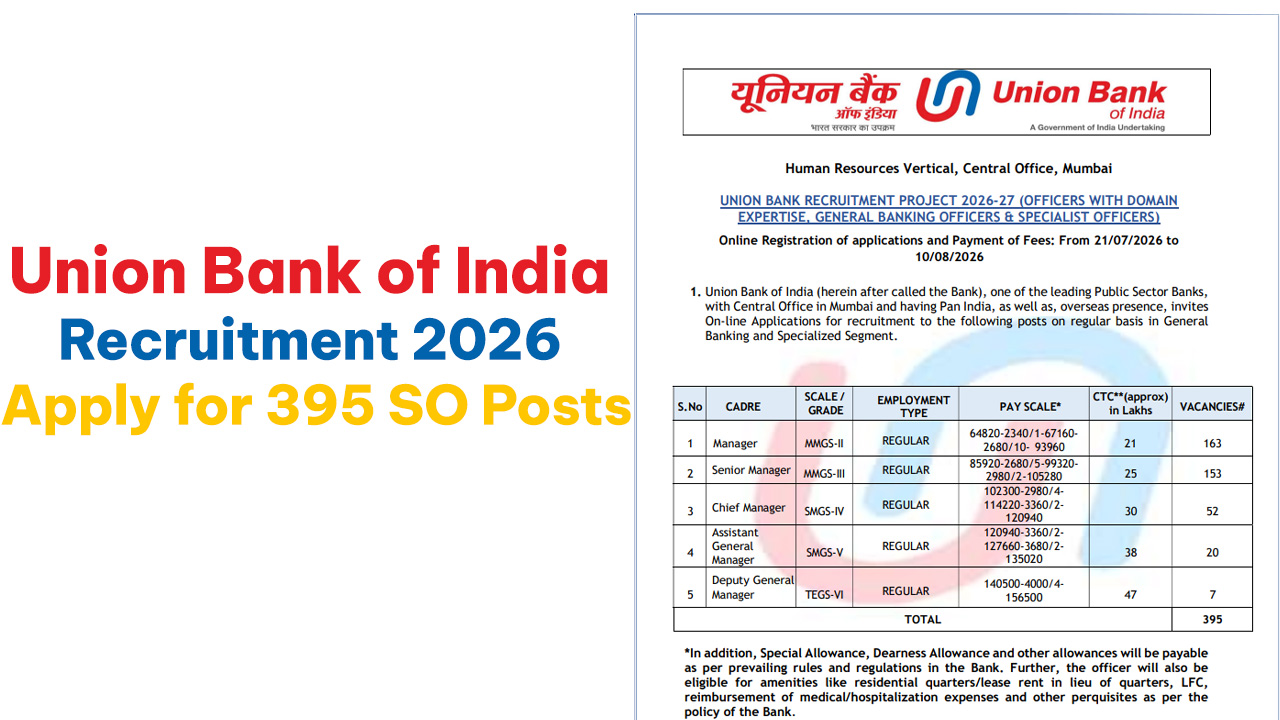 Official Union Bank of India Recruitment 2026 notification for 395 Specialist and General Banking Officer positions