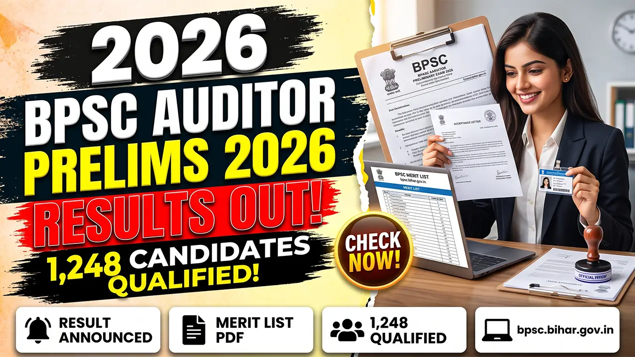 BPSC official website homepage displaying the download link for the BPSC Auditor Result 2026 merit list PDF