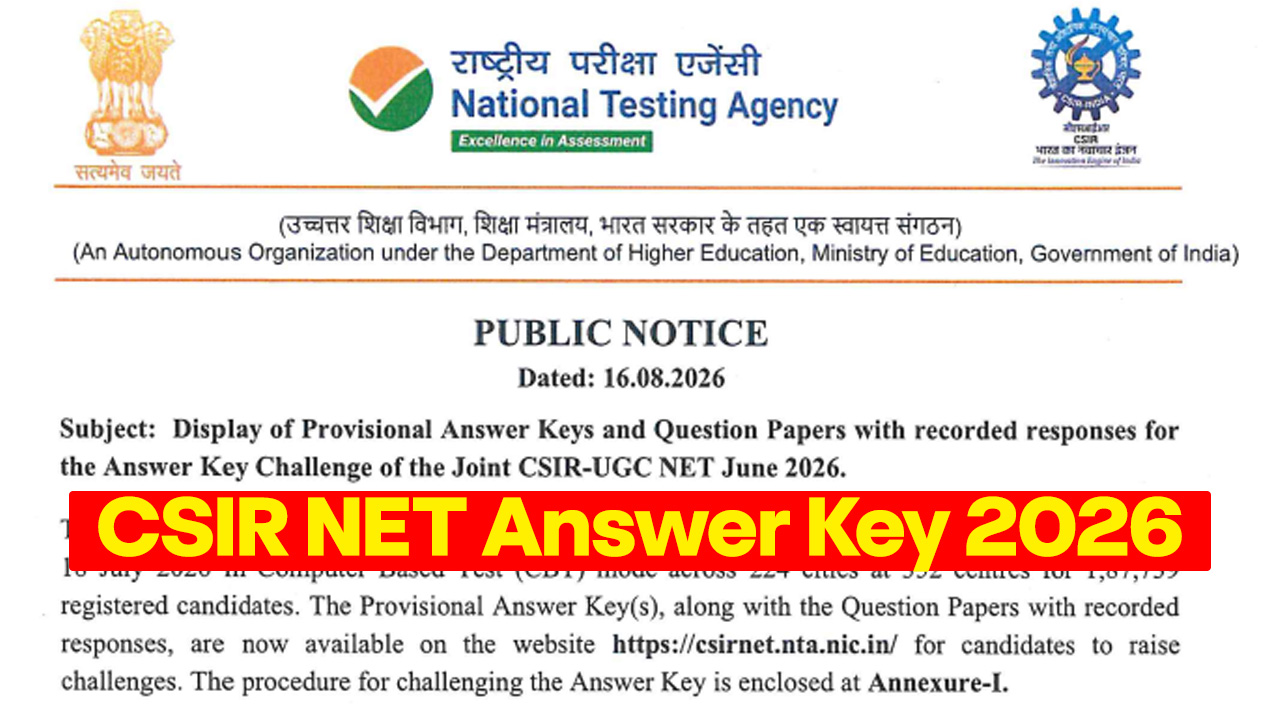 Official homepage of the NTA CSIR NET portal displaying the 2026 answer key and response sheet download link.