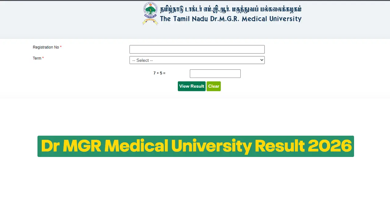 Official website homepage of Tamilnadu Dr. M.G.R. Medical University displaying the result 2026 portal for UG and PG courses.