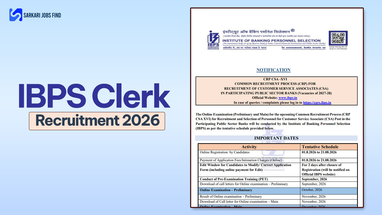 IBPS Clerk Recruitment 2026 official notification displaying application details for CRP CSA-XVI vacancies.