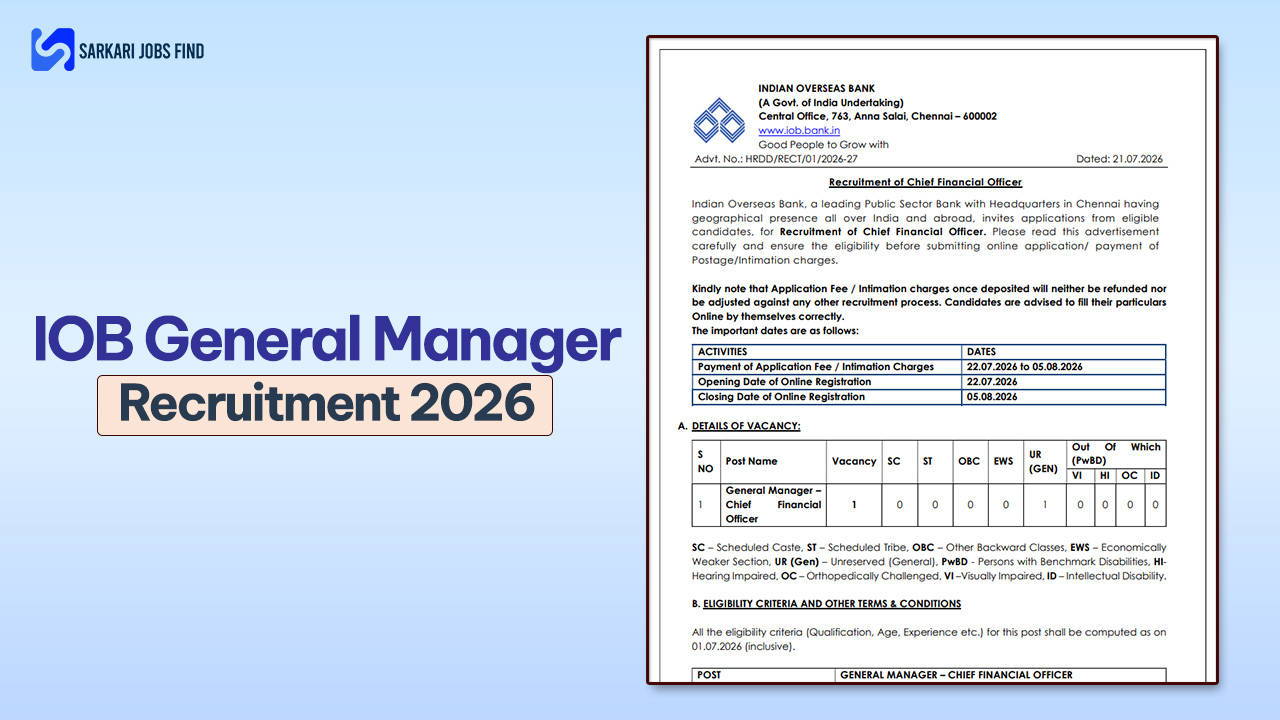Indian Overseas Bank General Manager Chief Financial Officer Recruitment 2026 official notification and online application details.