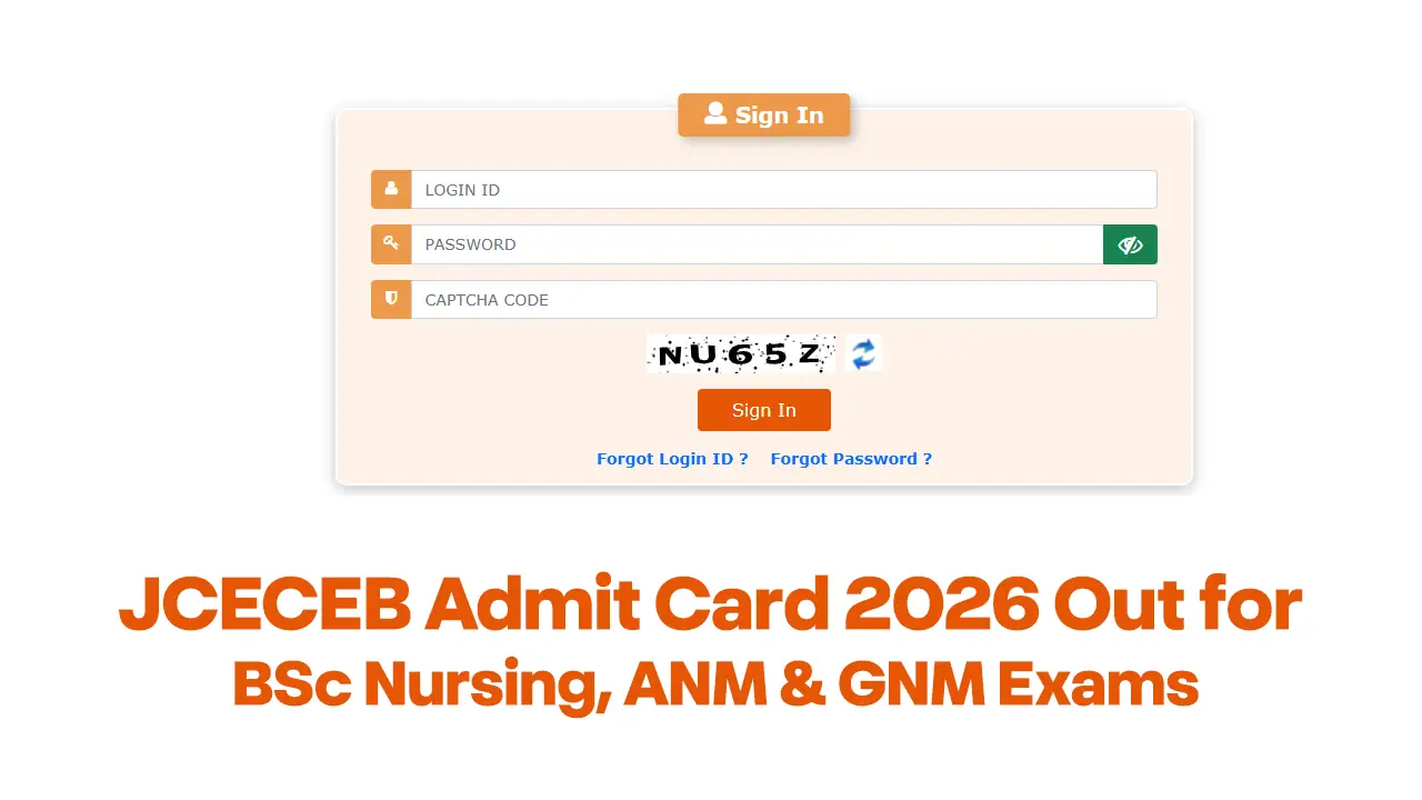 A student checking the JCECEB Admit Card 2026 download link for BSc Nursing, ANM, and GNM entrance exams on a laptop screen.