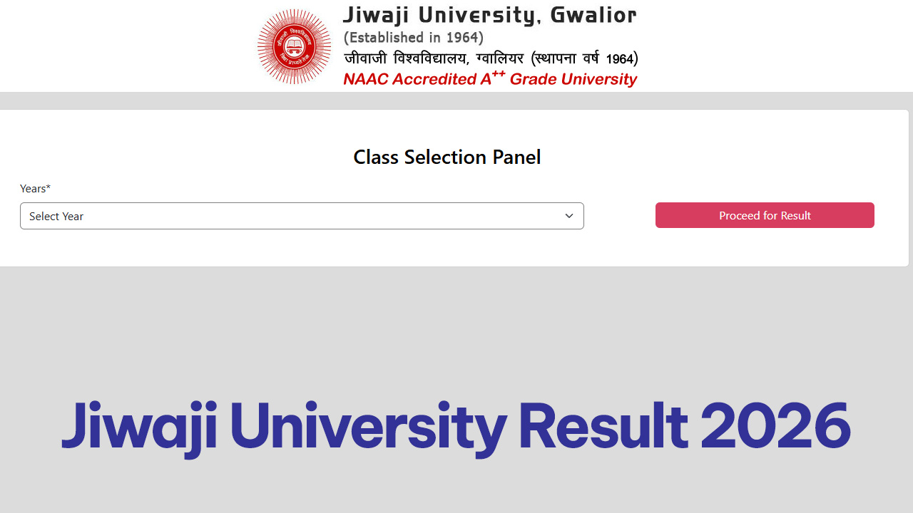 Official webpage portal of Jiwaji University for downloading the 2026 UG and PG examination results.