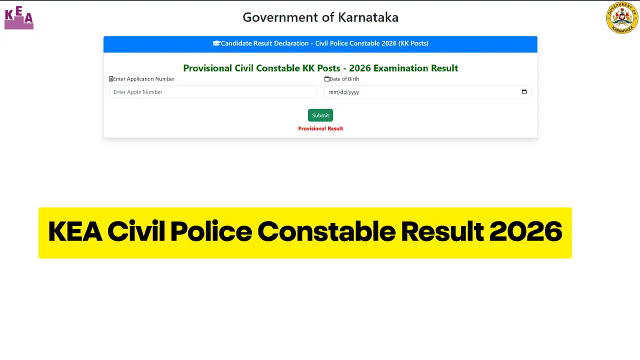 Karnataka Examination Authority official website showing the KEA Civil Police Constable Result 2026 download link