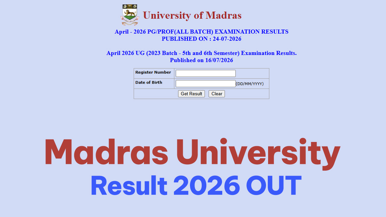 Madras University official result declaration notification and UNOM scorecard login portal view