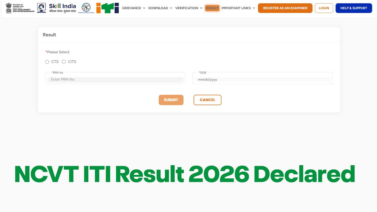 Official portal interface of skillindiadigital.gov.in for checking the NCVT ITI Result 2026 and downloading the marksheet PDF.