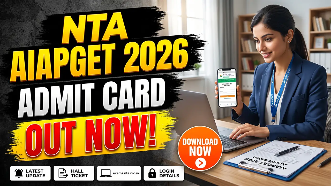 Official website portal of NTA displaying the AIAPGET Admit Card 2026 download link and candidate login fields.
