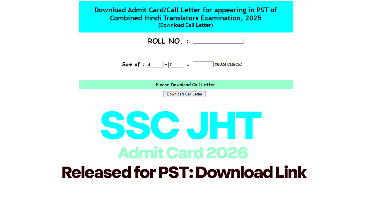 Staff Selection Commission official website portal for downloading the SSC JHT Admit Card 2026