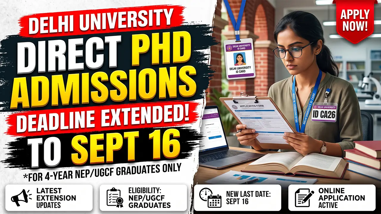 Official Delhi University campus building and admission portal notification for DU PhD Admission 2026.