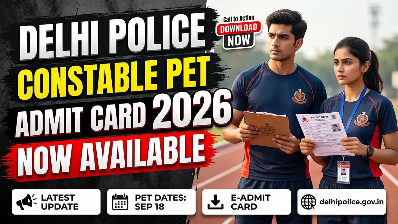 Official webpage snapshot showing the Delhi Police Constable PET Admit Card 2026 download link and revised examination dates