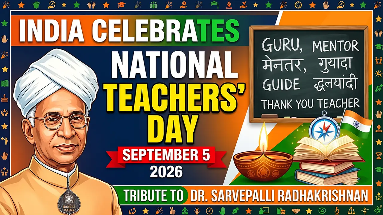 Portrait of Dr. Sarvepalli Radhakrishnan alongside students celebrating National Teachers' Day 2026.
