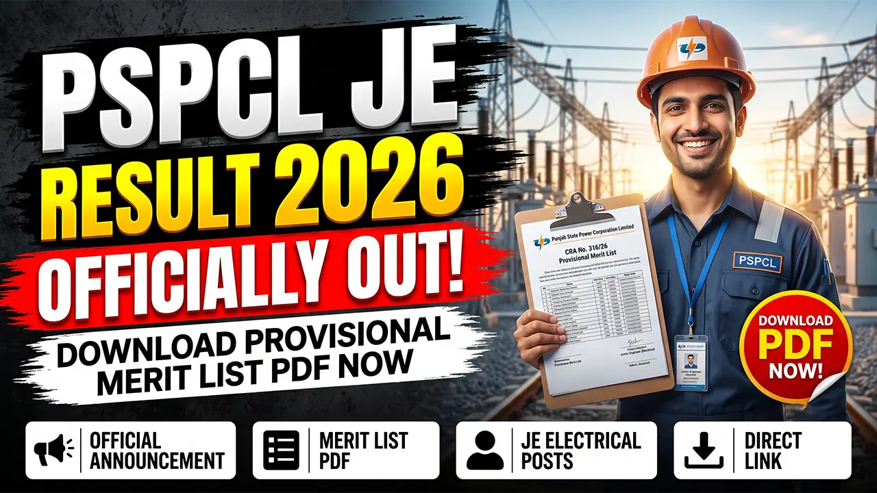 Official result notification page for PSPCL JE Result 2026 for Junior Engineer (Electrical) post.