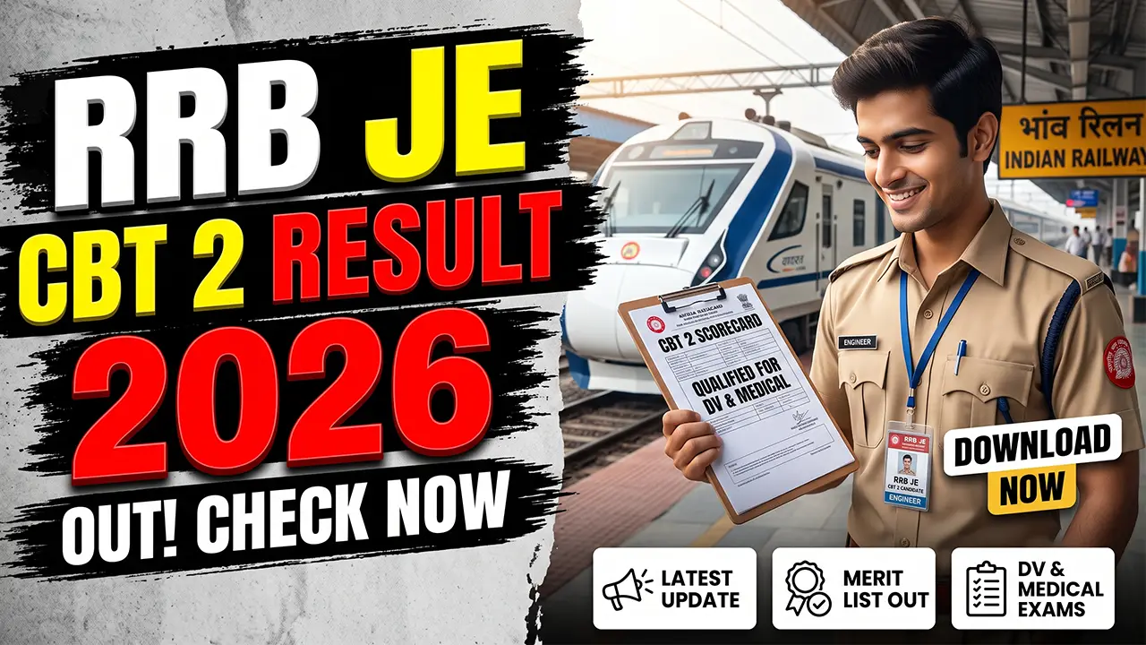 Official website portal of Railway Recruitment Board displaying the RRB JE CBT 2 Result 2026 notification.