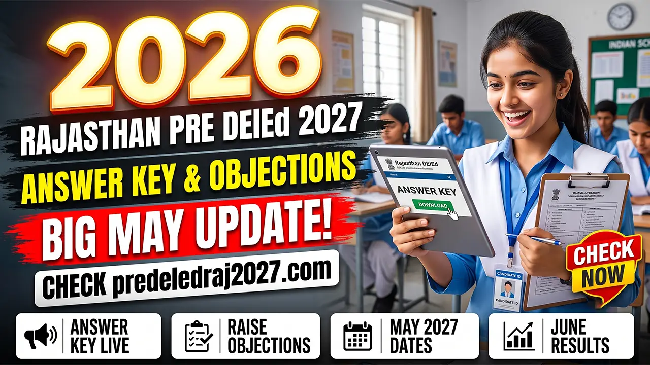 Official portal interface for Rajasthan Pre DElEd 2027 answer key download and objection submission.