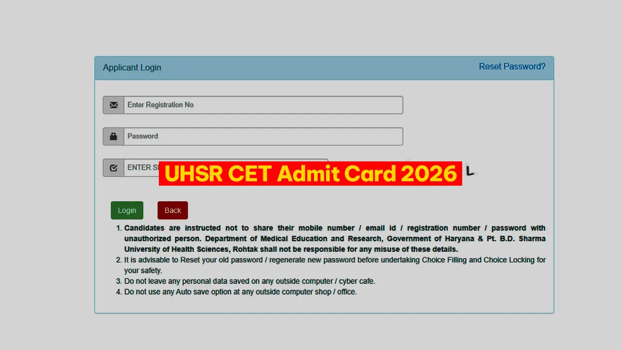 Official website homepage of Pt. B.D. Sharma University of Health Sciences displaying the UHSR CET Admit Card 2026 download portal.