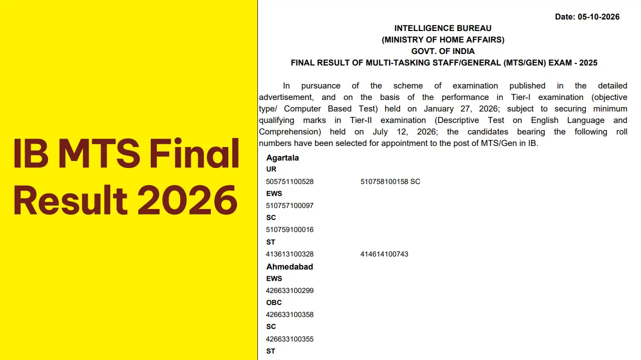 IB MTS Final Result 2026 official merit list document downloaded from the Ministry of Home Affairs website.