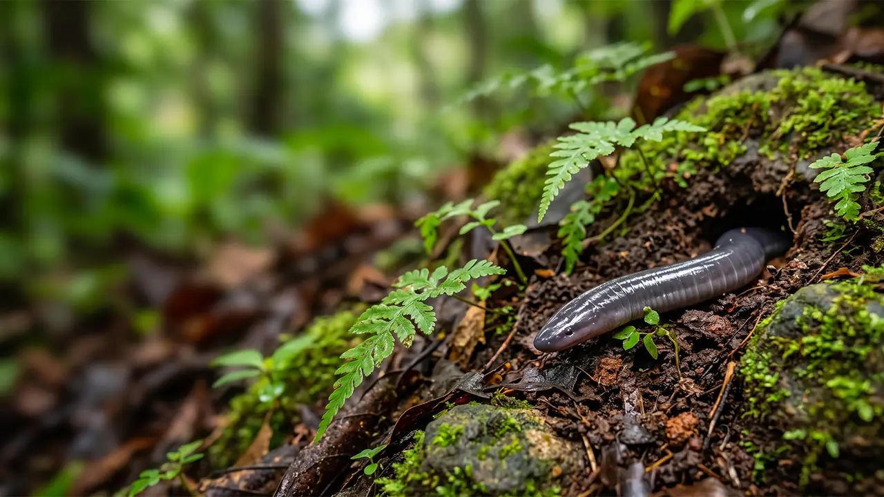Close-up view of Gegeneophis chandgadi, a newly discovered cylindrical, legless caecilian species native to the North Western Ghats.