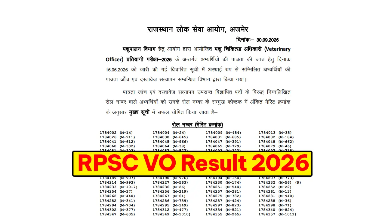 Official RPSC website homepage displaying the RPSC VO Result 2026 for the Veterinary Officer Competitive Examination-2025.